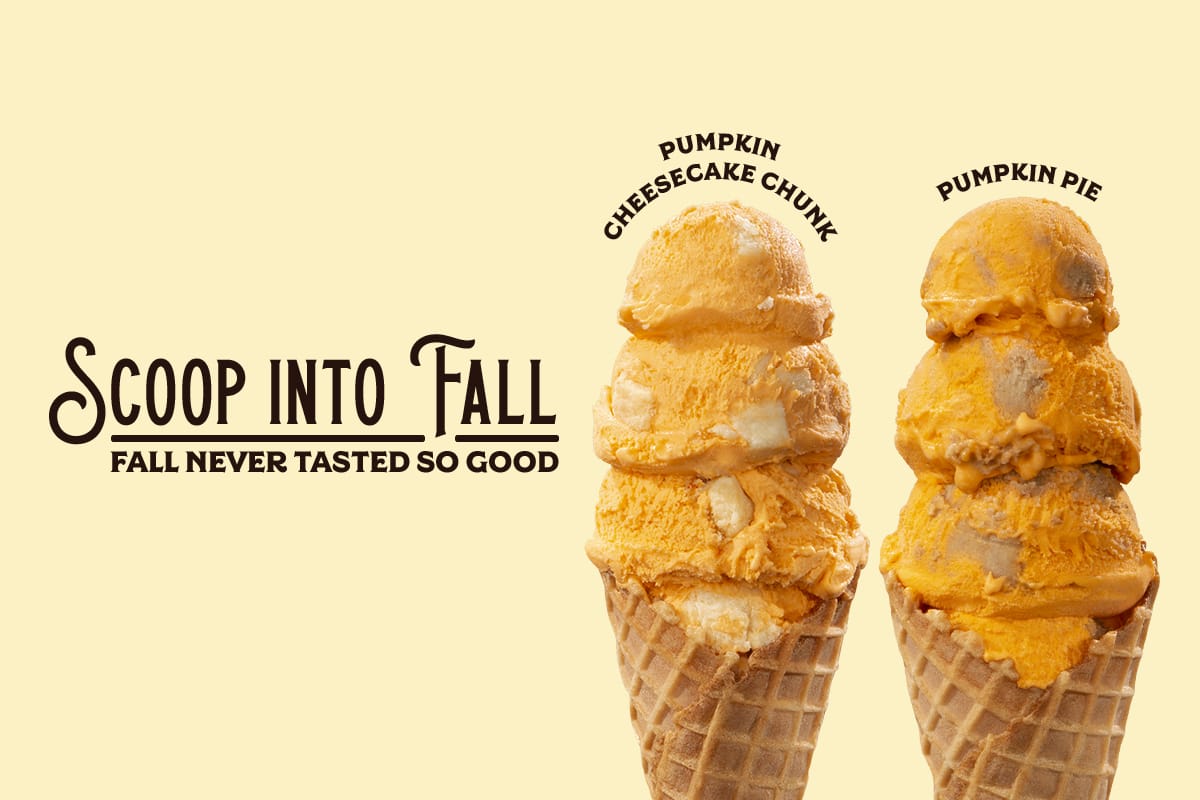 Handel’s pumpkin cheesecake chunk and pumpkin pie ice cream cones in a fall promotional photograph