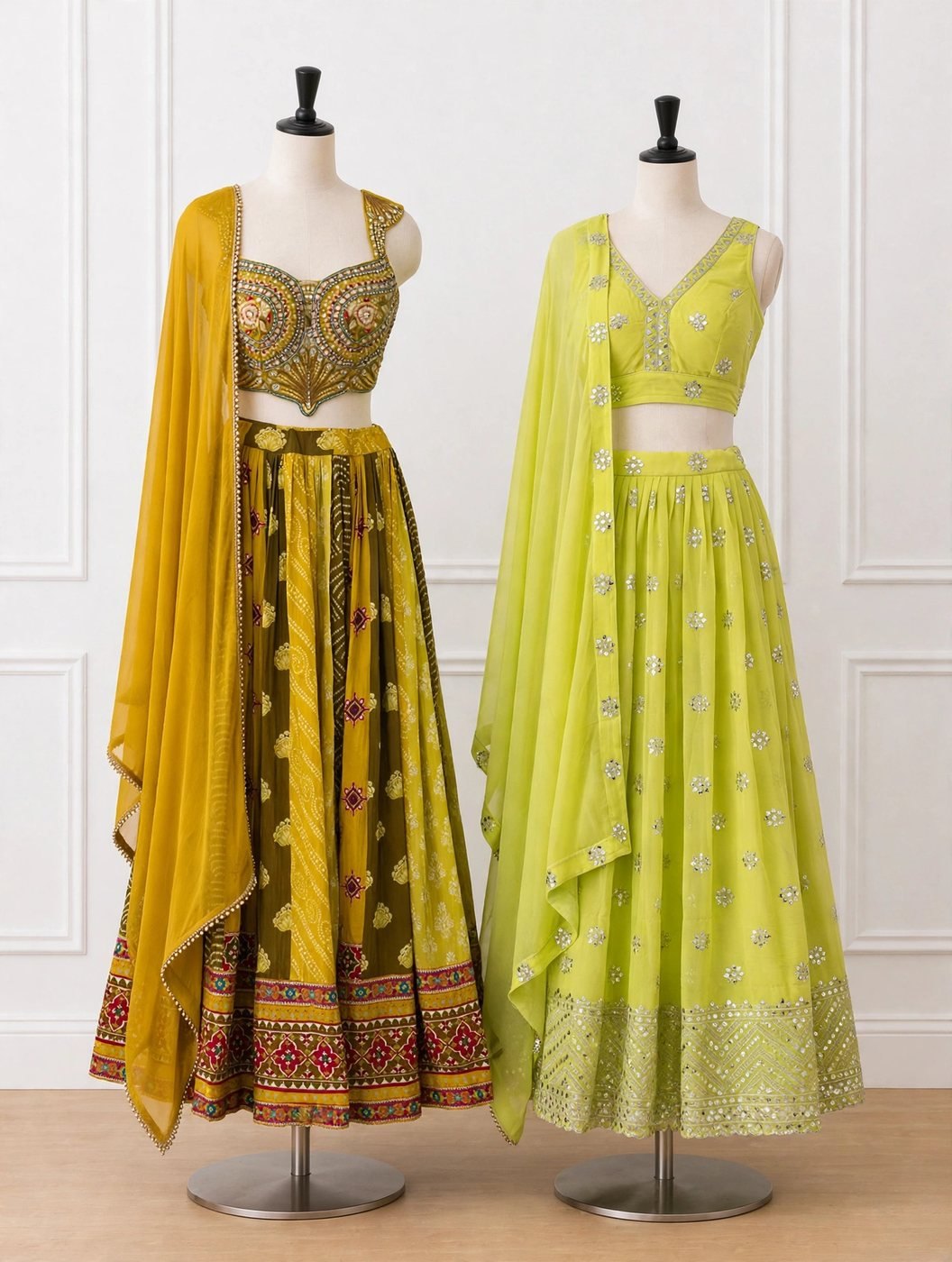 Yellow and lime haldi lehengas at Loveleen Sari Palace in Artesia